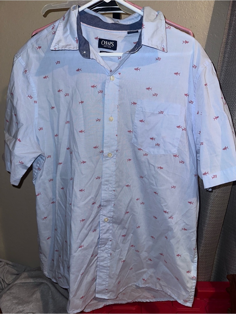 Chaps Light Blue Short-Sleeve Button-Down Shirt with Red Fish Print